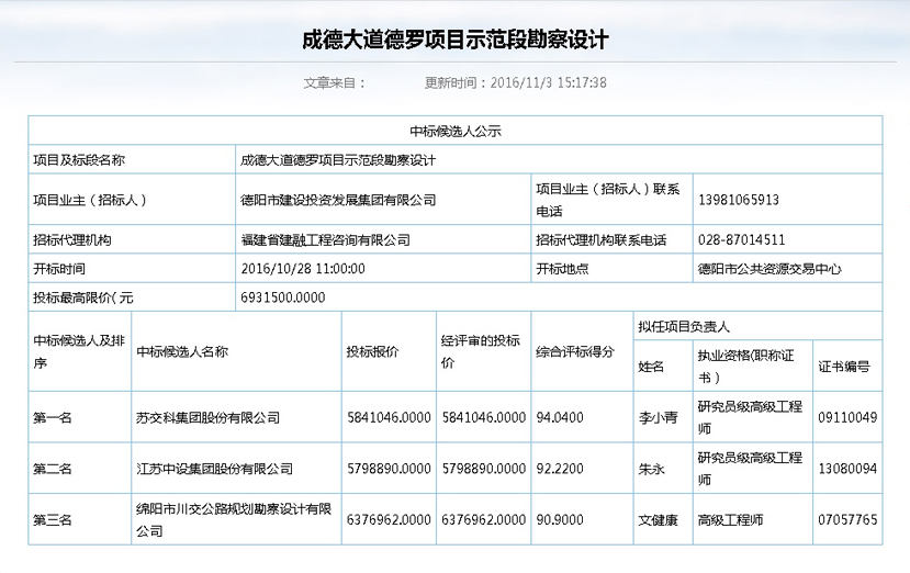 2016年11月3號(hào)成德大道中標(biāo)公示